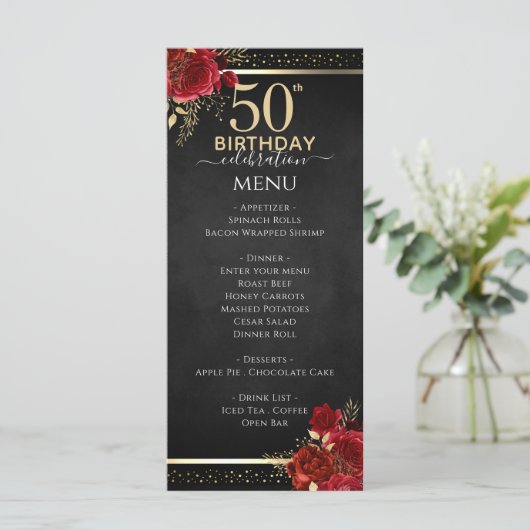 Red Roses 50th Birthday Celebration Menu Menükarte (Stehend Vorderseite)