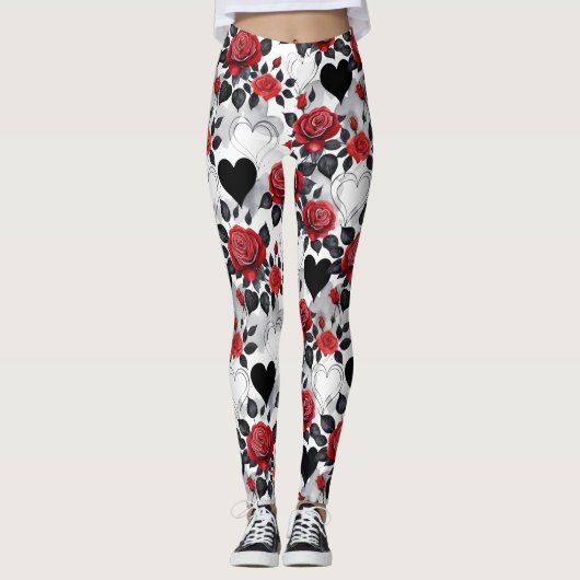 Red Roses and Black Hearts Romantic Patterned Leggings (Vorderseite)