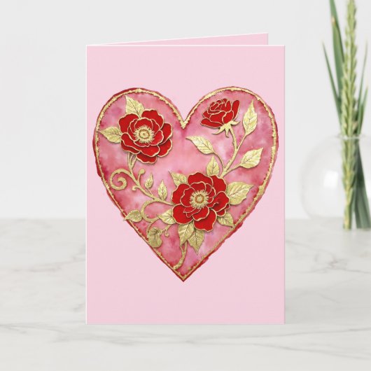 Red Roses and Gold Anniversary Valentine's Day Karte (Vorderseite)