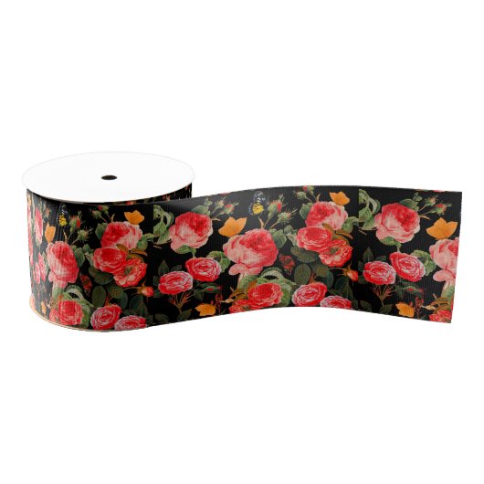 RED ROSES AND YELLOW BUTTERFLIES Black Floral Ripsband (Spule)