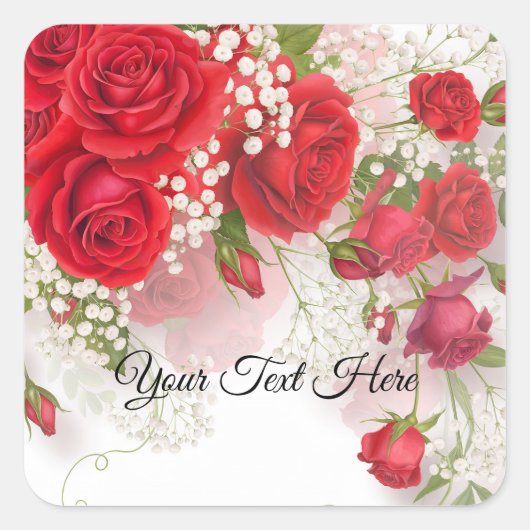 Red Roses & Babys Breath Elegant Floral Wedding  Quadratischer Aufkleber (Vorderseite)