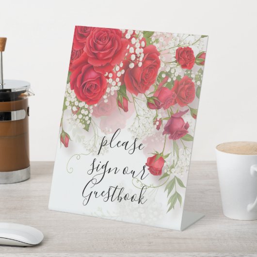 Red Roses & Babys Breath Elegant Floral Wedding  Sockelschild (In SItu)