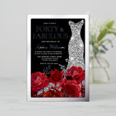 Red Roses & Black 40th Birthday Silver Folieneinladung (Stehend vorne)