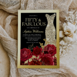Red Roses & Black 50th Birthday Gold Folieneinladung