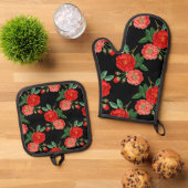 Red roses, black background, ofenhandschuh & Topflappen-Set (Oben Unten)