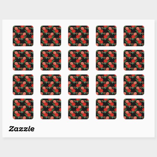 Red Roses, Black Background, Quadratischer Aufkleber (Blatt)