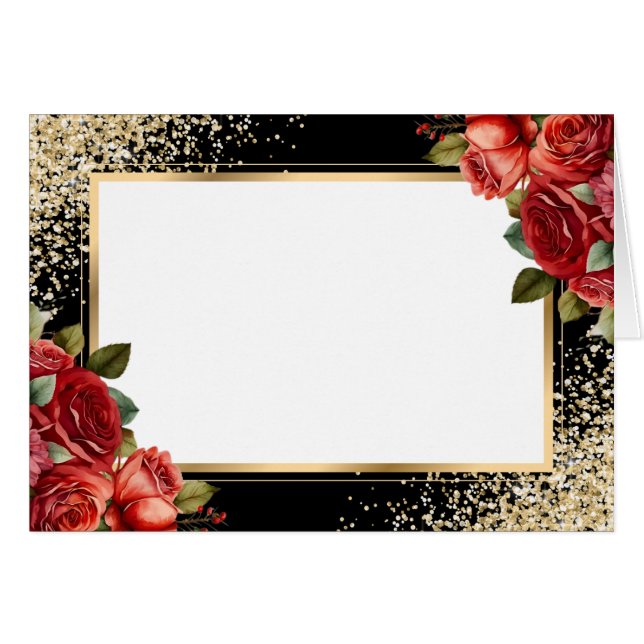 Red Roses Black Gold Confetti Floral (Vorderseite (Horizontal))