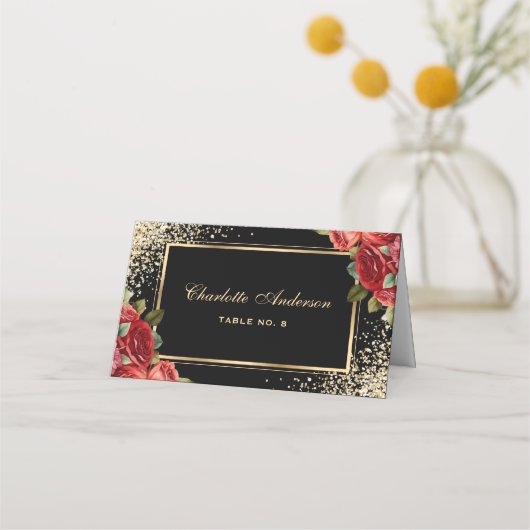 Red Roses Black Gold Floral Platzkarte (Vorderseite)