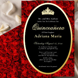 Red Roses Elegant Gold Floral Quinceanera Folieneinladung