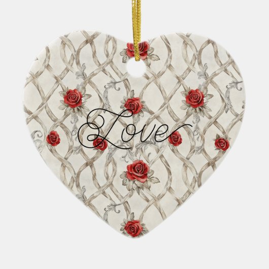 Red Roses Faux Wood Floral Christmas Keramik Ornament (Vorne)