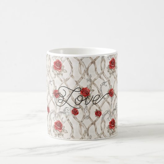Red Roses Faux Wood Floral Love Kaffeetasse (Mittel)