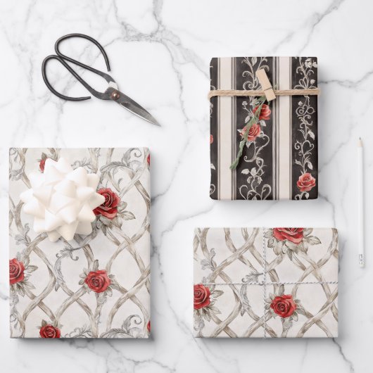 Red Roses Faux Wood Floral Wedding Geschenkpapier Set (Vorderseite)