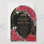 Red Roses Floral Black Charro Quinceanera 15 Arch Einladung (Vorderseite)