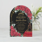 Red Roses Floral Black Charro Quinceanera 15 Arch Einladung (Stehend Vorderseite)