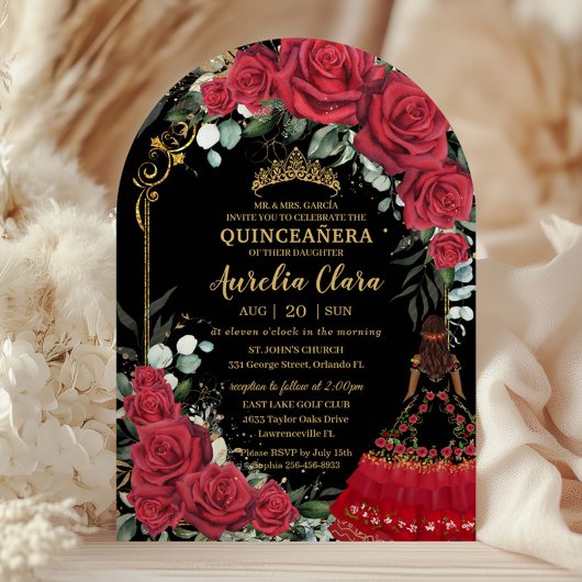 Red Roses Floral Black Charro Quinceanera 15 Arch Einladung