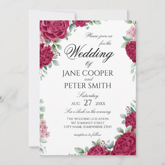 Red roses floral Wedding Invitation Einladung (Vorderseite)