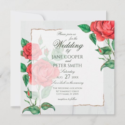 Red Roses floral Wedding Invitation Einladung (Vorderseite)