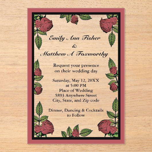 Red Roses Frame Image with Light Red Cloud Wedding Acryleinladungen (Vorderseite)
