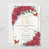 Red Roses Gold Butterflies Quinceanera Sweet 16  Save The Date (Vorderseite)