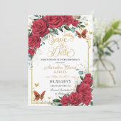 Red Roses Gold Butterflies Quinceanera Sweet 16 Save The Date (Stehend Vorderseite)