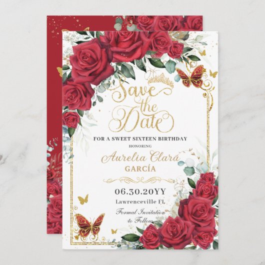 Red Roses Gold Butterflies Quinceanera Sweet 16 Save The Date (Vorne/Hinten)
