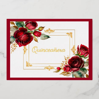 Red Roses Gold Foil Quinceañera Folieneinladung