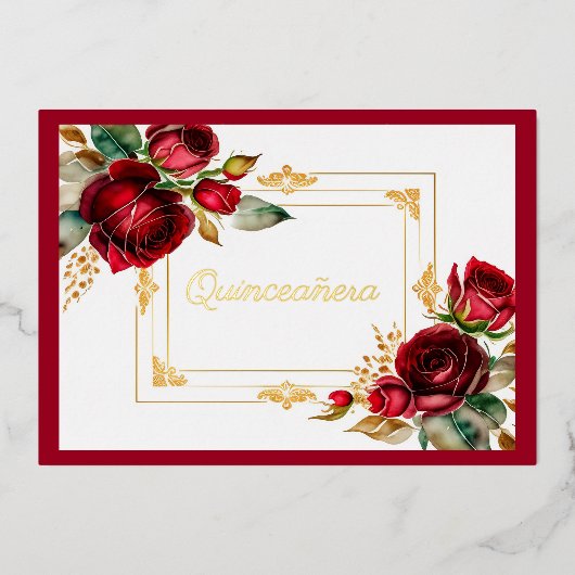 Red Roses Gold Foil Quinceañera  Folieneinladung (Vorderseite)
