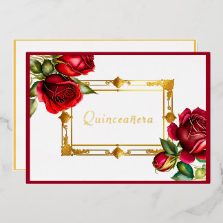 Red Roses Gold Frame Quinceañera Folieneinladung