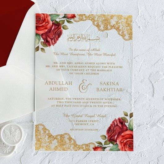 Red Roses Gold Lace Muslim Wedding Acryleinladungen