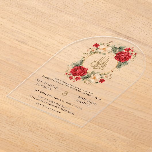 Red Roses Ivory Flowers Gold Muslim Wedding Acryleinladungen (Ablage )