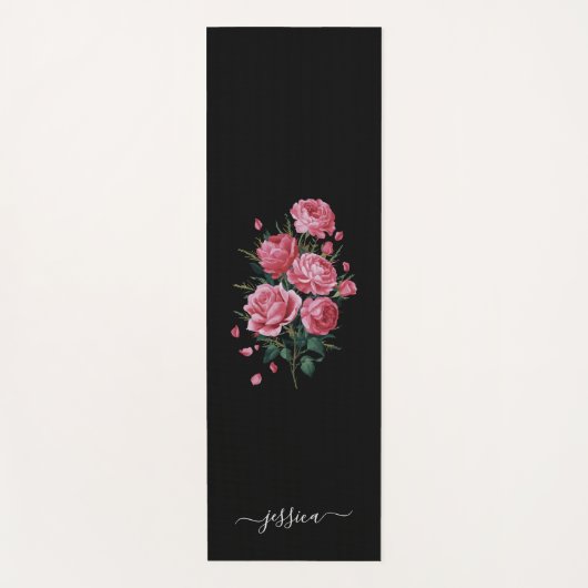 Red Roses on Black with script name Yogamatte (Vorderseite)