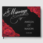 Red Roses Photo Calligraphy Script Black Wedding Gästebuch (Vorderseite)