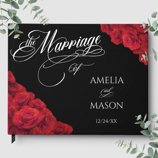 Red Roses Photo Calligraphy Script Black Wedding Gästebuch