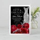 Red Roses & Silver Foil Black 50th Birthday Folieneinladung (Stehend vorne)