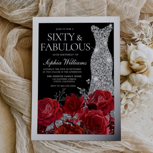 Red Roses & Silver Foil Black 60th Birthday Folieneinladung