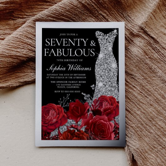 Red Roses & Silver Foil Black 70th Birthday Folieneinladung