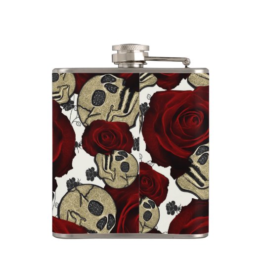 Red Roses & Skulls Black Floral Gothic White Flachmann (Rückseite)