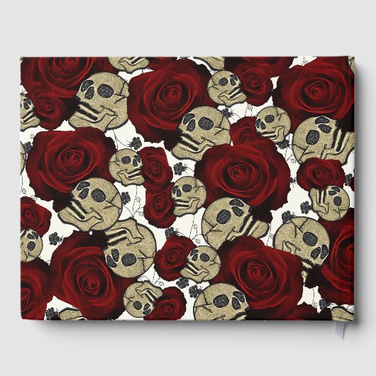 Red Roses & Skulls Black Floral Gothic White Gästebuch (Rückseite)