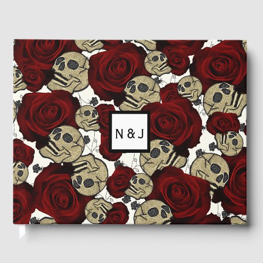 Red Roses & Skulls Black Floral Gothic White Gästebuch (Vorderseite)