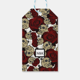 Red Roses & Skulls Black Floral Gothic White Geschenkanhänger