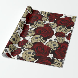 Red Roses & Skulls Black Floral Gothic White Geschenkpapier