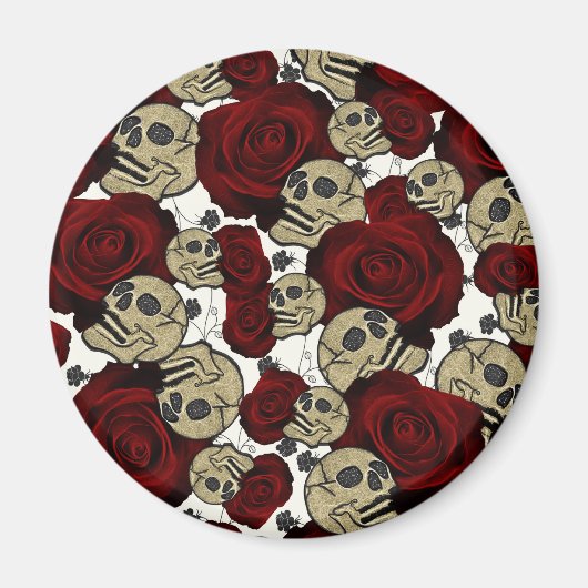 Red Roses & Skulls Black Floral Gothic White Magnet (Vorne)