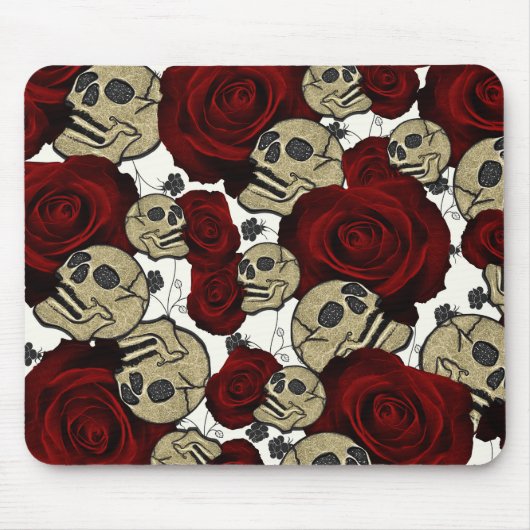 Red Roses & Skulls Black Floral Gothic White Mousepad (Vorne)
