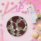 Red Roses & Skulls Black Floral Gothic White Pappteller (Party)