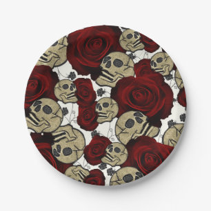 Red Roses & Skulls Black Floral Gothic White Pappteller