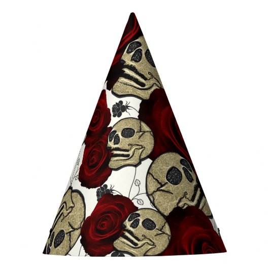 Red Roses & Skulls Black Floral Gothic White Partyhütchen (Vorderseite)