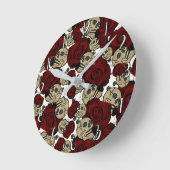 Red Roses & Skulls Black Floral Gothic White Runde Wanduhr (Winkel)