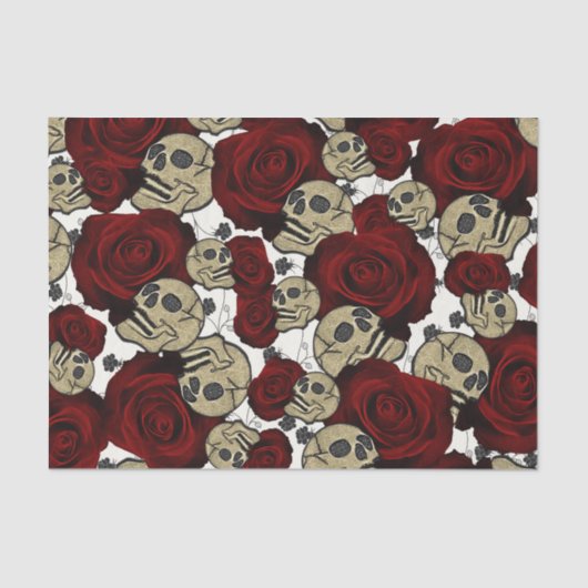 Red Roses & Skulls Black Floral Gothic White Seidenpapier (Vorderseite)