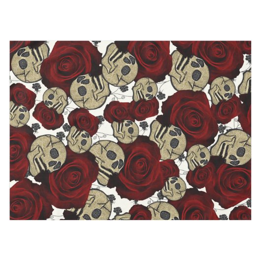 Red Roses & Skulls Black Floral Gothic White Tischdecke (Vorderseite (Horizontal))
