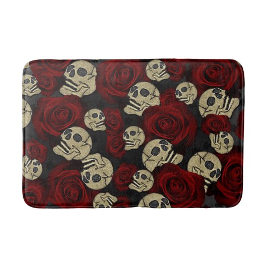 Red Roses & Skulls Grey Black Floral Gothic Badematte (Vorderseite)